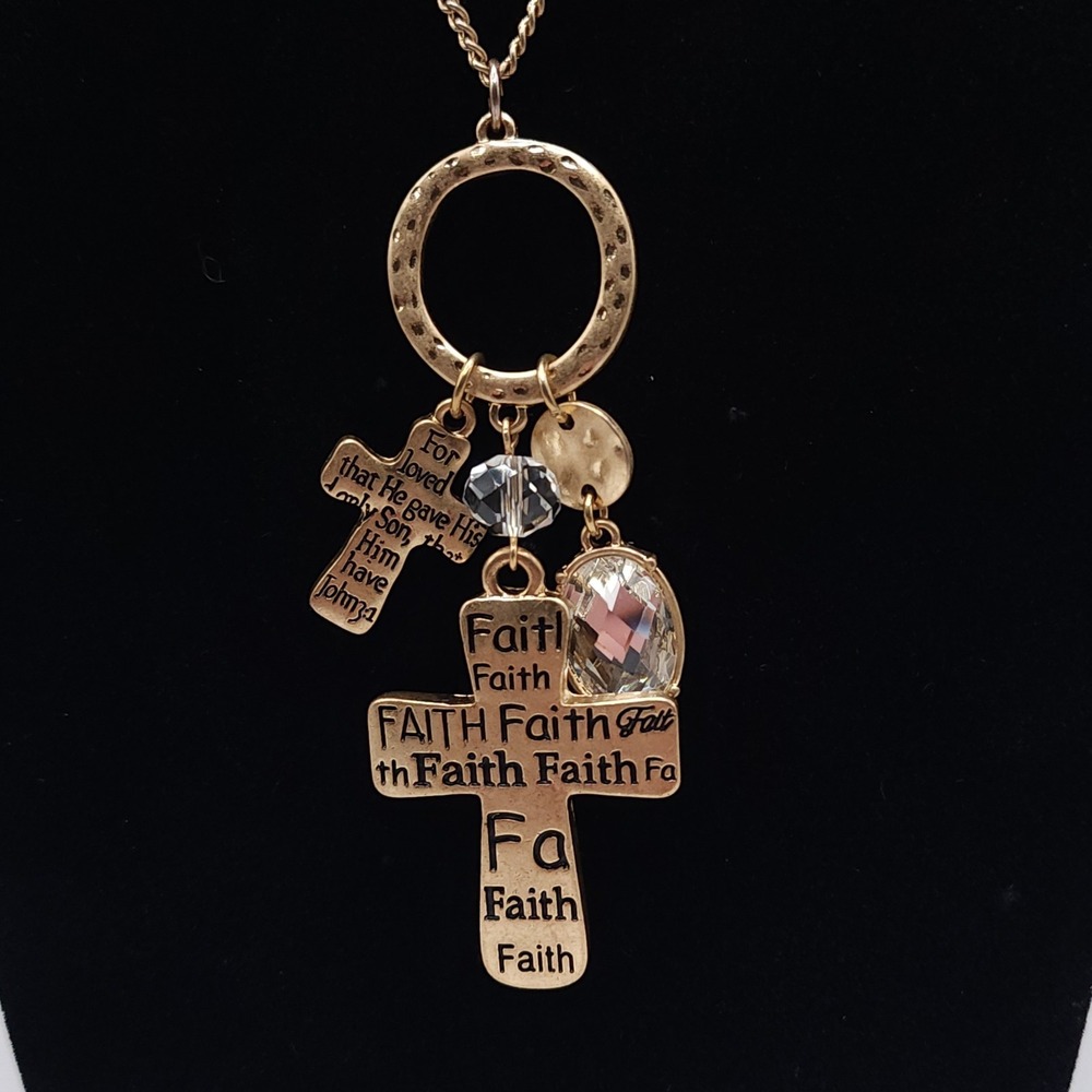 1946 Gold Tone Faith Cross Charm Necklace Christian Statement